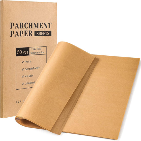 VITEVER Parchment Paper Sheets, Unbleached Precut Baking Sheets 12 x 16 IN, Non-Stick for Baking, Grilling, 50 Count