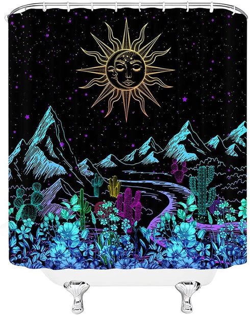 Abstract Mountain Shower Curtain, Boho Sun Moon Landscape Night Star, Colorful Gothic Bathroom Decor with Hooks