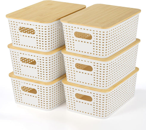 Plastic Storage Baskets with Bamboo Lid, Stackable Storage Containers for Organizing Shelves, Drawers, Desktop (6 Pack)
