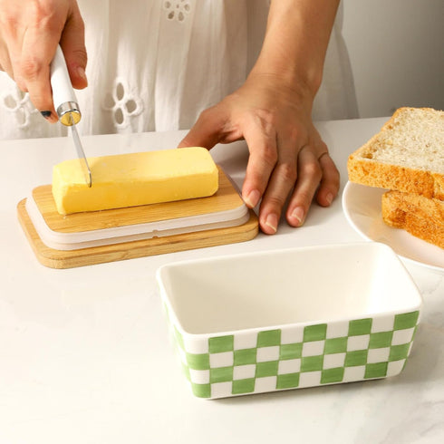 Countertop, Butter Dish with Lid, Large Butter Dish for Ceramic Butter Keeper Container with Knife and Silicone Sealing