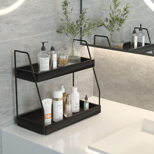2-Tier Counter 2 ZGO Modern Bathroom Organizer, Wooden Sink Organizer Shelf for Vanity Storage, Makeup Bedroom Corner