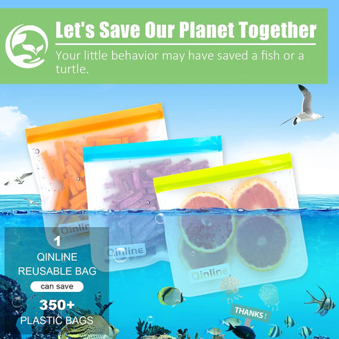 Qinline Reusable Food Storage Bags - 10 Pack Dishwasher Safe Freezer Bags, Leakproof Reusable Lunch Bags