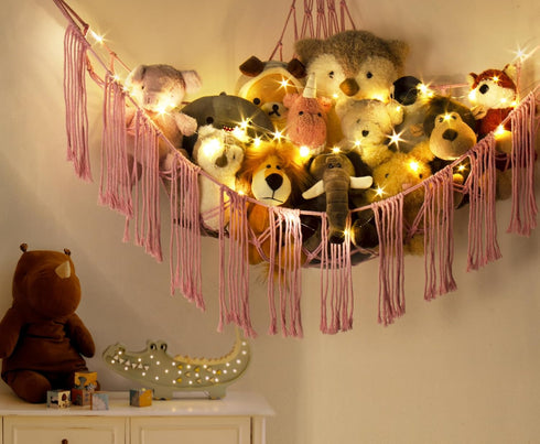 Hammock 8 10 12 Stuffed Animal Corner Net with LED Light - Toy Storage Holder - Pink Cute Room Bedroom Decor for Teen