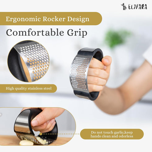 ELIVARA Set Stainless Steel Garlic Press Rocker (Black) - Includes Silicone Peeler and Cleaning Brush for Effortless