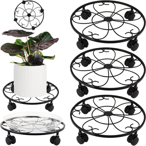 DEELF OUTLET 3 Packs 13 inches Large Metal Plant Caddy with Wheels Round Planter Dolly Pot Mover Rollers Wrought Iron