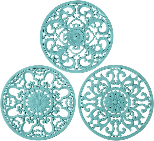 Extra Thick Silicone Trivet Mat for Hot Dishes, Pot Holder, Kitchen Decor and Accessories, Turquoise, Set of 3