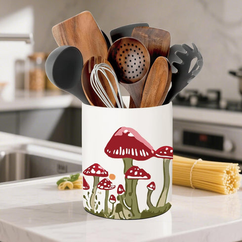 6.5 Inch Mushroom Kitchen Decor, Ceramic Utensil Holder Bee Decor, Farmhouse Indoor Kitchen Decorative Utensil Rack