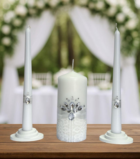 Unity Candle Set for Wedding Ceremony & Reception – 6” Pillar & Two 10” Taper Candles – Handmade in USA, White