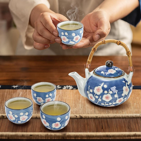 Set, 4 Japanese Tea Ceramic Floral Tea Pot and Pieces Cups with Infuser Bamboo Handle, Traditional Bone China Teapot