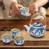 Set, 4 Japanese Tea Ceramic Floral Tea Pot and Pieces Cups with Infuser Bamboo Handle, Traditional Bone China Teapot