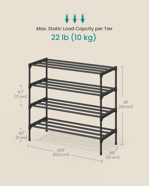 4-Tier Closet, 11.8 24.5 26 Inches,Black ULSA124BH01 SONGMICS Shoe Rack for Compact Metal Shoe Organizer Shelf