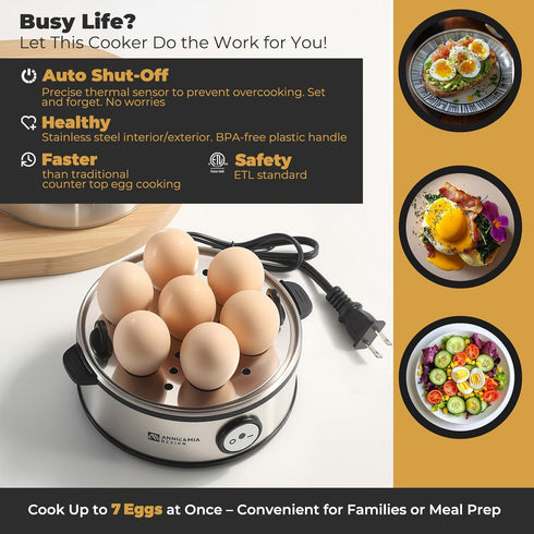 7 360W, Annie & Mia Design Electric Egg Cooker, All Stainless Steel Egg Capacity egg boiler, Hard, Medium, Soft Boiled
