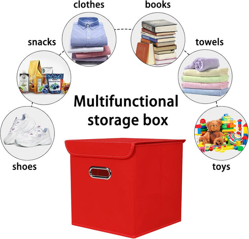 Closet Organizers Fabric Storage Bins with Lids - 3 Pack Collapsible Cube Storage Organizer Basket with Handles (Red)