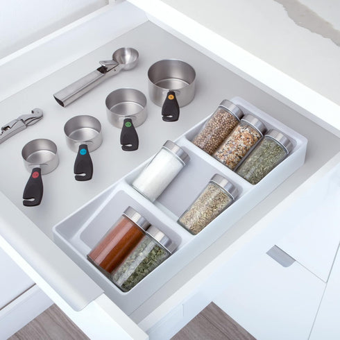 Smart Design 3 Section Plastic Spice Rack Drawer - Non-Slip Lining and Feet - BPA Free - Seasoning Jars, Makeup Storage, Countertop Bottle Tray, 3 Tier - Pantry Kitchen Organizer - White with Gray by Smart Design