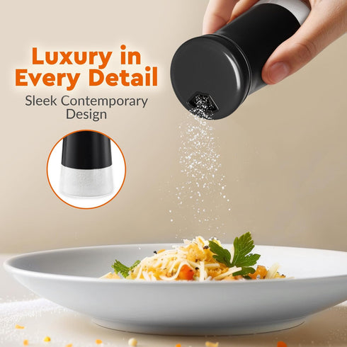 HOME EC Original Salt and Pepper Shakers Set - Black Spice Dispenser with Adjustable Pour Holes for Salts and Ground