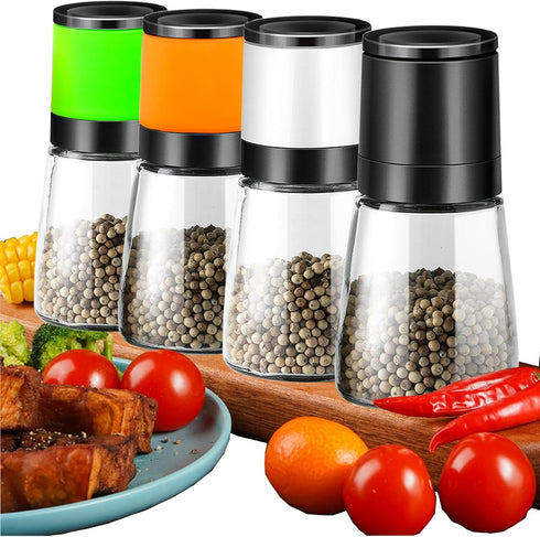 Premium Salt and Pepper Grinder Set of 4, Refillable Manual Salt and Pepper Mill, Adjustable Ceramic, Glass Shaker