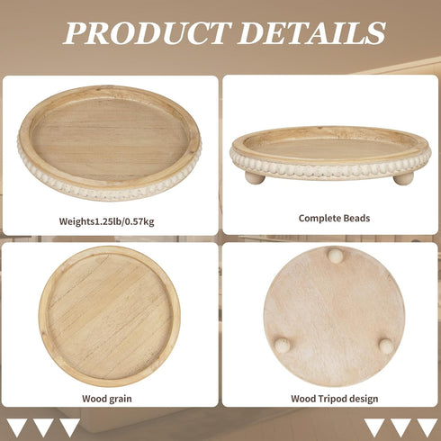 Counter Decorative Coffee Table Tray, Round Wooden Tray Decor Log Beaded Distressed Rustic Farmhouse Centerpiece