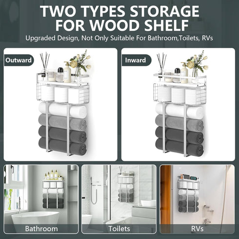 Towel Racks for Bathroom, Floating Shelves with Towel Rack and Paper Holder, Over Toilet Storage, Silver