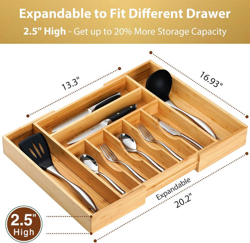 Umilife Large Expandable Kitchen Silverware Drawer Organizer, 2.5" Extra High Adjustable Divider with Curved Grooves