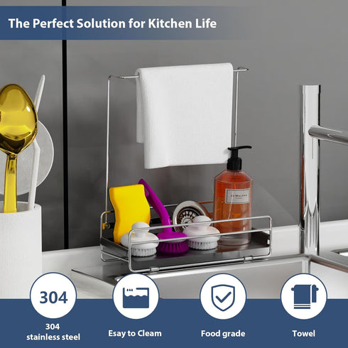 KABUM 304 4 Countertop 304 Stainless Steel Sponge Holder with Towel Rack for Kitchen Sink, Sink Caddy with Non-Slip