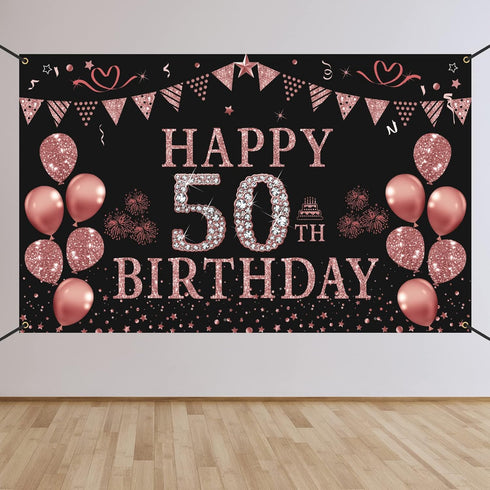 Trgowaul 50th Birthday Decorations for Women - Rose Gold 50th Birthday Banner Backdrop, Happy 50th Birthday Party