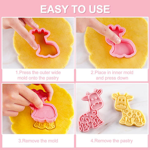 8 Pcs Cookie Cutters, 3D Cookie Cutter with Plunger Stamp, Animal Shape Molds for Kids Baking Decorations