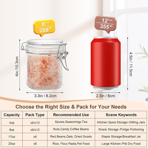 8 oz, Small Glass Jars with Lids Airtight Clamp Lid Glass Storage Jars, Thick Lead-Free Glass Containers for Pantry