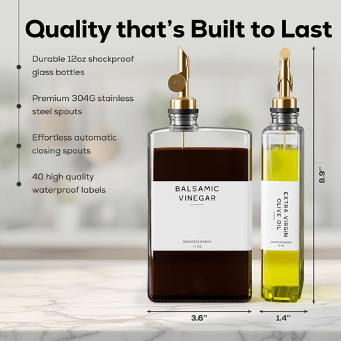 Set 2) Glass Olive Oil Dispenser Bottle for Kitchen by Brighter Barns - Coffee Syrup Dispenser, Oil and Vinegar Bottle