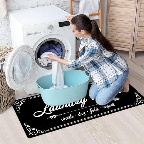Laundry Room Rug Runner, 17.7"x45" Non Slip Black Laundry Rugs, Farmhouse Washable Floor Mats for Laundry Room