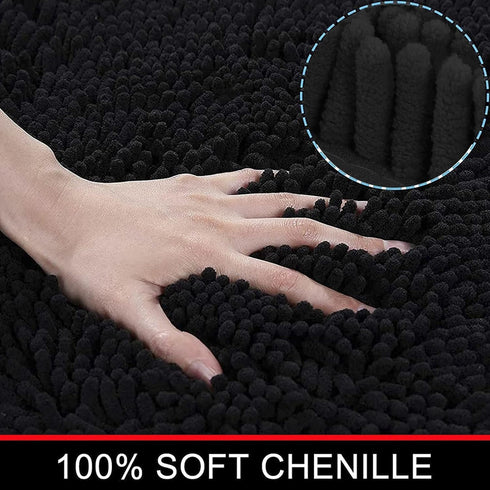 Black Bathroom Rugs Non-Slip Chenille Mat Set 3 Pieces Ultra Soft Absorbent Bath Carpet