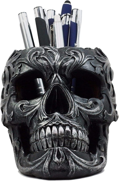 Ebros Gift Tribal Tattoo Floral Skull Pen Holder - 5.75" Office Desktop Decor, Cranium Skeleton Stationery Holder
