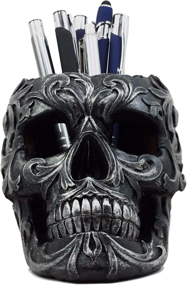 Ebros Gift Tribal Tattoo Floral Skull Pen Holder - 5.75" Office Desktop Decor, Cranium Skeleton Stationery Holder