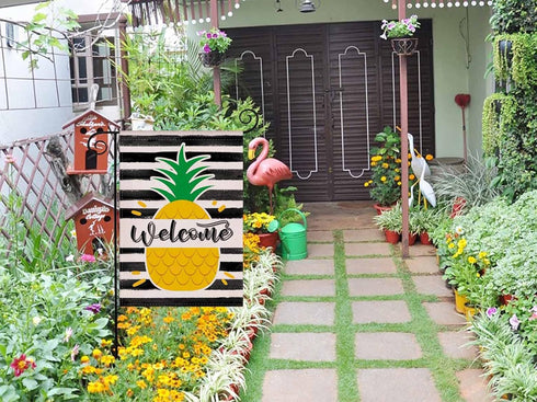 Welcome Summer Pineapple Stripes Garden Flag, Double Sided Burlap Flag for Yard Lawn Outdoor Decor