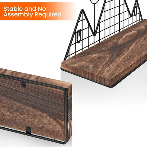 Set 2 Homode Floating Shelves, of Mountain Wall Shelves, Rustic Wood Display Storage Shelf with Metal Wire, Geometric