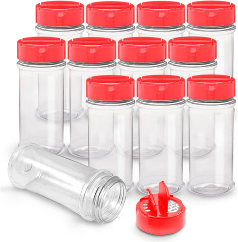 RoyalHouse 12 Pack 5.5 Oz Plastic Spice Jars with Red Cap, Clear Plastic Containers with Shaker Lids