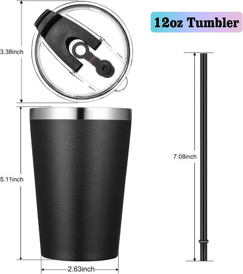 VEGOND 12oz Black Tumbler - Stainless Steel Vacuum Insulated Double Wall Travel Tumbler with Lid and Straw, Reusable (1