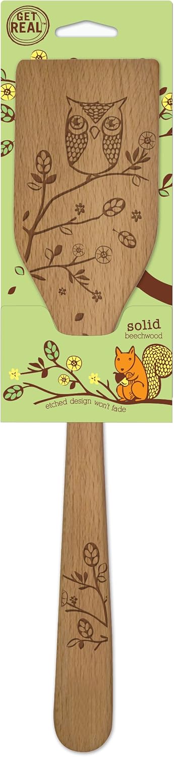 Talisman Designs Laser Etched Beechwood Turner, Woodland Owl Design Cooking Turner