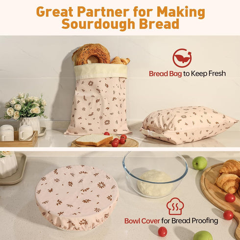 3 Pack Set, Tirphy Reusable Bread Bags and Bowl Cover Beeswax Bread Bags for Sourdough, Homemade Bread Storage to Keep