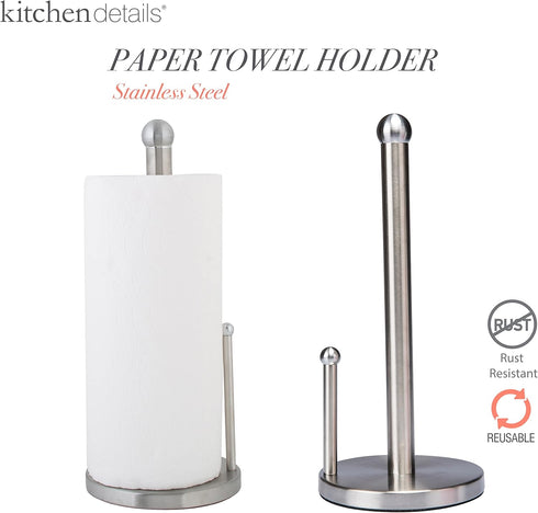 Kitchen Details Countertop Single Tear Paper Towel Holder, Free Standing, Weighted Bottom, Holds Standard Rolls, Dispenser Bar Prevents Unraveling, Stainless Steel by Kitchen Details