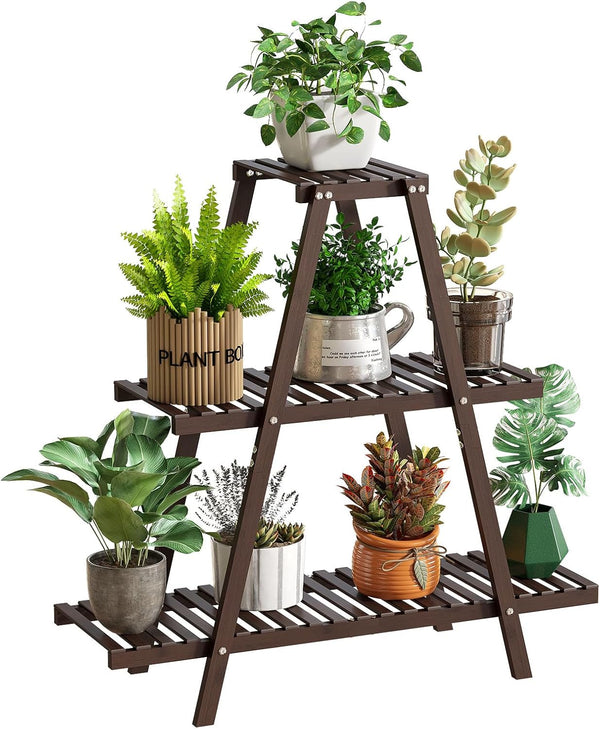 GHWIE Plant Stand Indoor Plant Shelf Outdoor bamboo Plant Rack, 3 Tiers Ladder