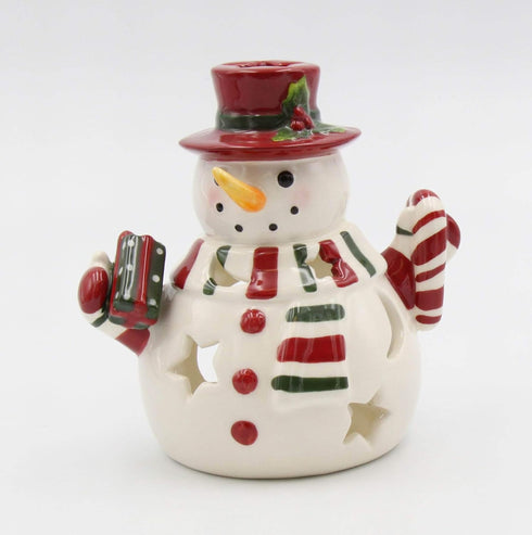 Fine Ceramic Snowman Tea Light Candle Holder Wearing Scarf, 5-1/2" H