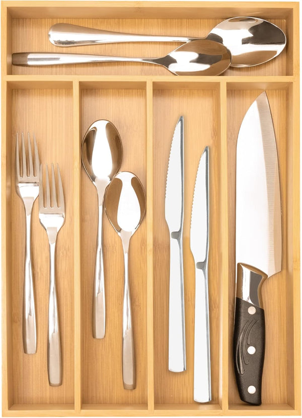 Silverware Organizer Bamboo Kitchen Drawer - Flatware Organizer Tray with 5 Slots for Cutlery
