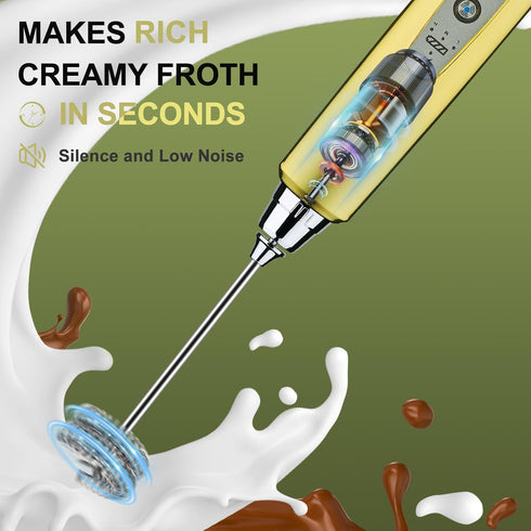 YUSWKO Champagne Gold Handheld Milk Frother Wand - Rechargeable Electric Whisk with 3 Heads, 3 Speeds for Drinks