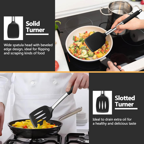 P&P CHEF Black Silicone Cooking Utensil Set of 4, Heat-proof Spatulas, Slotted Spoons, Turners for Non-stick Cookware