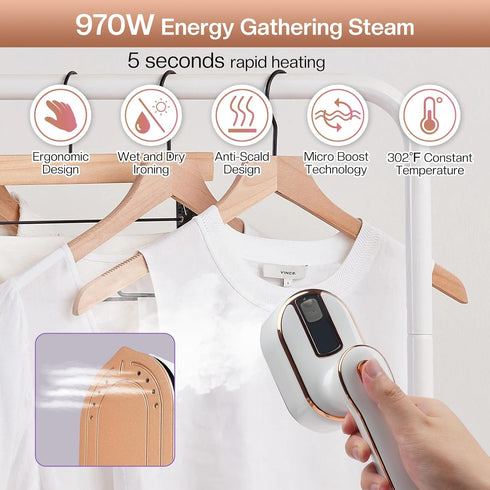 Mini Steam Iron, 970W Portable Steamer for Clothes, 180° Rotatable Handheld Steamer for Home Travel (White)