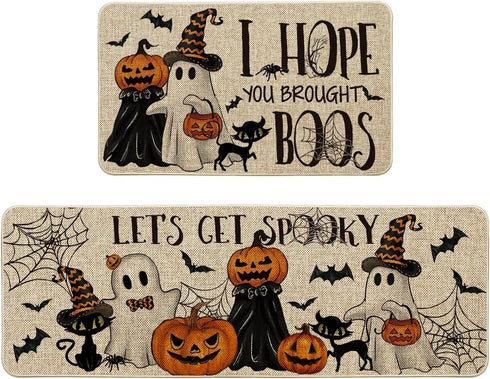 Artoid Mode I Hope You Brought Boos Spider Web Pumpkin Halloween Kitchen Mats Set of 2, Low-Profile Black Cat Rugs