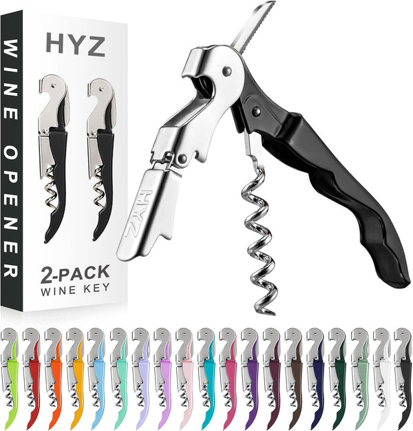 HYZ 2-Pack Wine Opener Waiter Corkscrew, Professional Wine Key with Foil Cutter, Manual Double Hinged (Black)