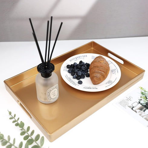 15.6" 10.2" Spsyrine Gold Decorative Serving Tray with Handles, Elegant Plastic Coffee Table Tray for Ottoman, Living
