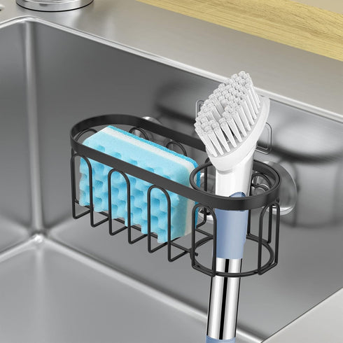 Yazoni 2-in-1 Sponge Holder for Kitchen Sink, Suction Cup Rack, Rustproof Organizer for Dishwashing Brush & Soap (Black)