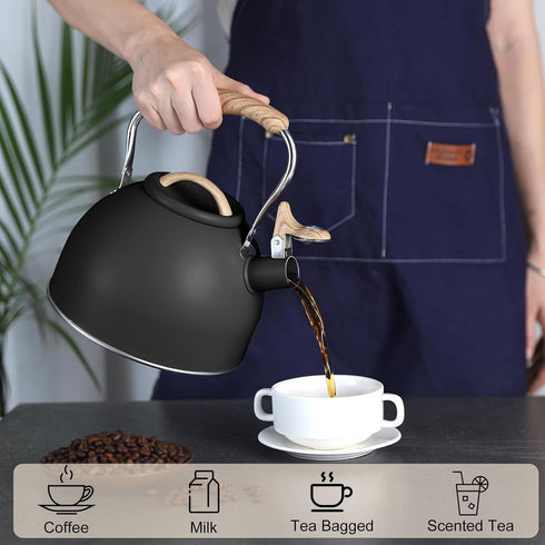 Vegoran Tea Kettle, 100 OZ / 3 Liter Whistling Kettle, Food Grade Stainless Steel with Wood Pattern Folding Handle